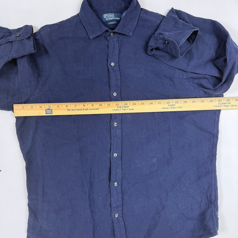 Vintage Y2K Polo Ralph Lauren Men Navy Blue Linen Shirt Classic Fit L Chest 48" - Picture 8 of 11